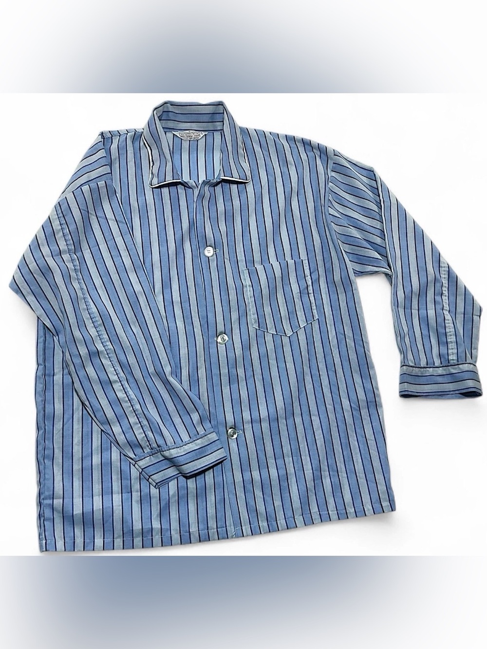 Vintage 60s 70s Striped Pajama Top Blue Gray Permanent Press Button Loungewear